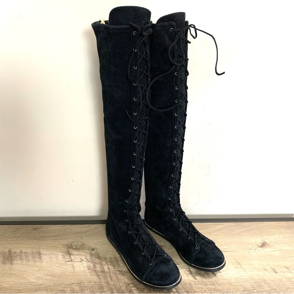 Women's VIONNET PARIS Black Suede OTK Over The Knee LACE UP Flat DESIGNER BOOTS - Picture 1 of 9